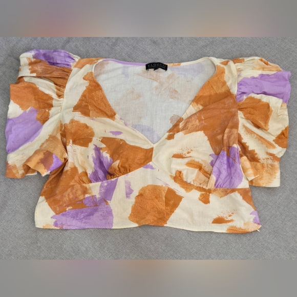 Eloquii Linen Blend Puff Sleeve V Neck Top Cream Orange Lavender Print Size 24 - Picture 2 of 9